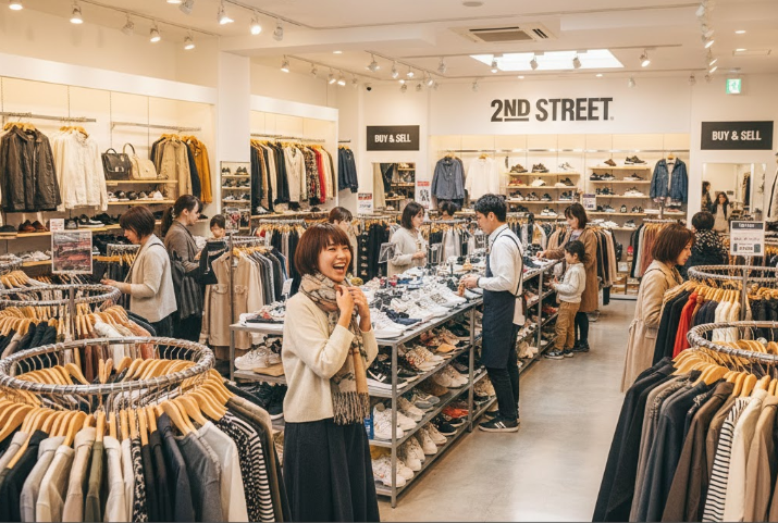 明るく清潔感のあるセカンドストリートの店内風景。多くの衣類が並ぶハンガーラックの間で、女性客が笑顔で商品を選び、店員が接客している様子。